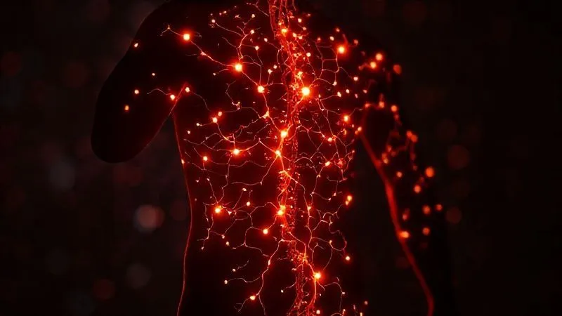 A complex, abstract visualization of interconnected biological factors (insulin, glucose, hormones, stress, activity, food) influencing blood sugar levels, depicted as a dynamic network of glowing pathways within a human silhouette. Photorealistic, professional photography, 8K, cinematic lighting, sharp focus, depth of field, shot on a high-end DSLR.