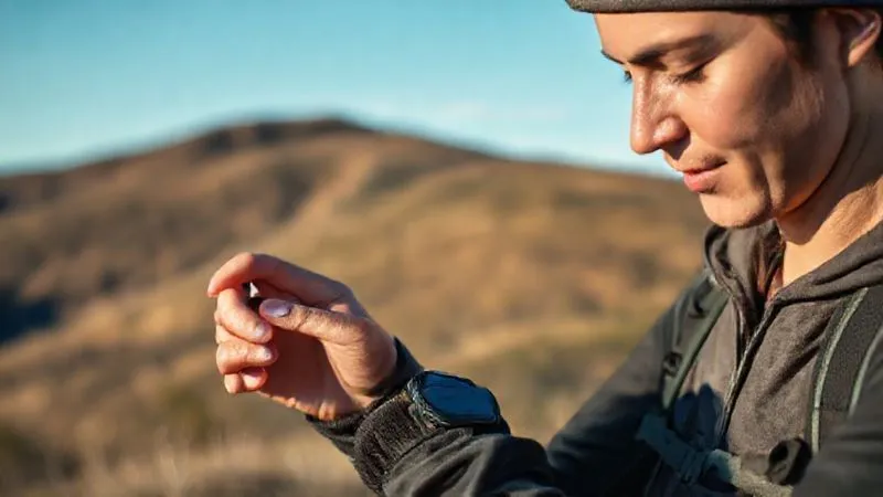 A person with Type 1 diabetes checking their CGM during a moderate outdoor activity like hiking, with a balanced, calm expression. The background shows a natural, serene landscape with clear skies. Photorealistic, professional photography, 8K, cinematic lighting, sharp focus, depth of field, shot on a high-end DSLR.