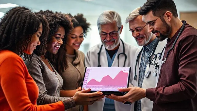 A diverse group of people (representing patients, doctors, and family) collaboratively looking at a tablet displaying a glucose trend graph, symbolizing a strong support network and shared understanding in diabetes management. They are in a modern, well-lit clinic setting. Photorealistic, professional photography, 8K, cinematic lighting, sharp focus, depth of field, shot on a high-end DSLR.