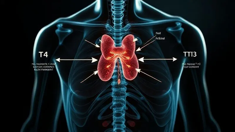 photorealistic, professional photography, 8K, cinematic lighting, sharp focus, depth of field, shot on a high-end DSLR, a detailed infographic or diagram illustrating the intricate thyroid hormone conversion pathways from T4 to T3 and Reverse T3 within a human body, with arrows and labels, emphasizing the cellular level, in soft, balanced colors, conveying complexity and interconnectedness.