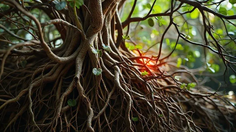 photorealistic, professional photography, 8K, cinematic lighting, sharp focus, depth of field, shot on a high-end DSLR, a metaphorical image of complex, intertwined roots and branches, some vibrant and healthy, others showing signs of distress, symbolizing the interconnectedness of various bodily systems (gut, adrenals, immune) and their impact on overall health, with a subtle glow emanating from the healthy parts, conveying a sense of deep, foundational health.
