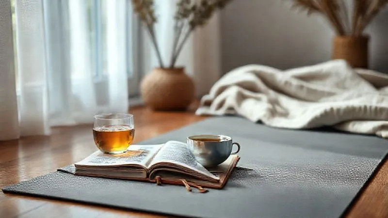 photorealistic, professional photography, 8K, cinematic lighting, sharp focus, depth of field, shot on a high-end DSLR, a serene and balanced indoor scene with soft natural light, depicting elements of wellness: a yoga mat, a cup of herbal tea, a journal, and a comfortable blanket, subtly conveying peace, self-care, and intentional living, with a calming color palette.
