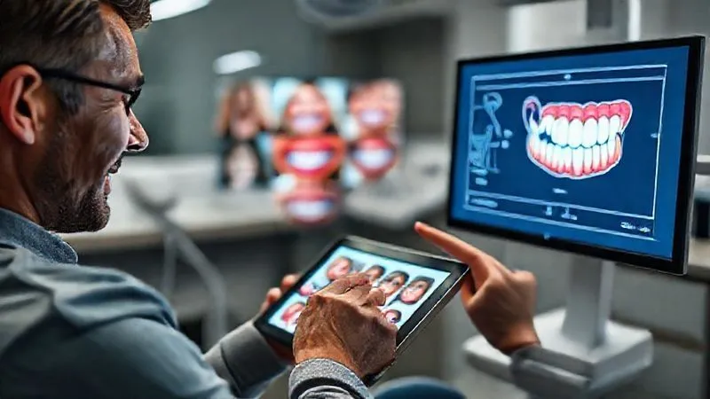 Photorealistic image of a patient looking intently at a tablet displaying various 'perfect' celebrity smiles, while a dental professional gently points to a diagram of natural tooth anatomy on another screen, illustrating the gap between aspiration and biological reality. Cinematic lighting, sharp focus on the screens and faces, depth of field blurring the background of a modern dental office, 8K hyper-detailed, professional photography, shot on a high-end DSLR. Photorealistic image of a patient looking intently at a tablet displaying various 'perfect' celebrity smiles, while a dental professional gently points to a diagram of natural tooth anatomy on another screen, illustrating the gap between aspiration and biological reality. Cinematic lighting, sharp focus on the screens and faces, depth of field blurring the background of a modern dental office, 8K hyper-detailed, professional photography, shot on a high-end DSLR.