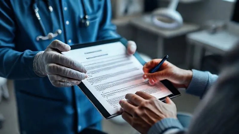A professional dental clinician and a patient reviewing a detailed informed consent form on a tablet, with the patient signing digitally. The background shows a blurry but modern dental office, emphasizing transparency and agreement. Cinematic lighting, sharp focus on the tablet and hands, depth of field, 8K hyper-detailed, professional photography, shot on a high-end DSLR. A professional dental clinician and a patient reviewing a detailed informed consent form on a tablet, with the patient signing digitally. The background shows a blurry but modern dental office, emphasizing transparency and agreement. Cinematic lighting, sharp focus on the tablet and hands, depth of field, 8K hyper-detailed, professional photography, shot on a high-end DSLR.