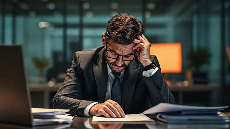 A photorealistic image of a professional man in a sharp suit, sitting at a modern desk, head in hands, surrounded by blurred documents and a glowing computer screen, symbolizing the overwhelming pressure and stress of work. Cinematic lighting highlights his fatigue, sharp focus on his pained expression, depth of field, 8K hyper-detailed, shot on a high-end DSLR. A photorealistic image of a professional man in a sharp suit, sitting at a modern desk, head in hands, surrounded by blurred documents and a glowing computer screen, symbolizing the overwhelming pressure and stress of work. Cinematic lighting highlights his fatigue, sharp focus on his pained expression, depth of field, 8K hyper-detailed, shot on a high-end DSLR.