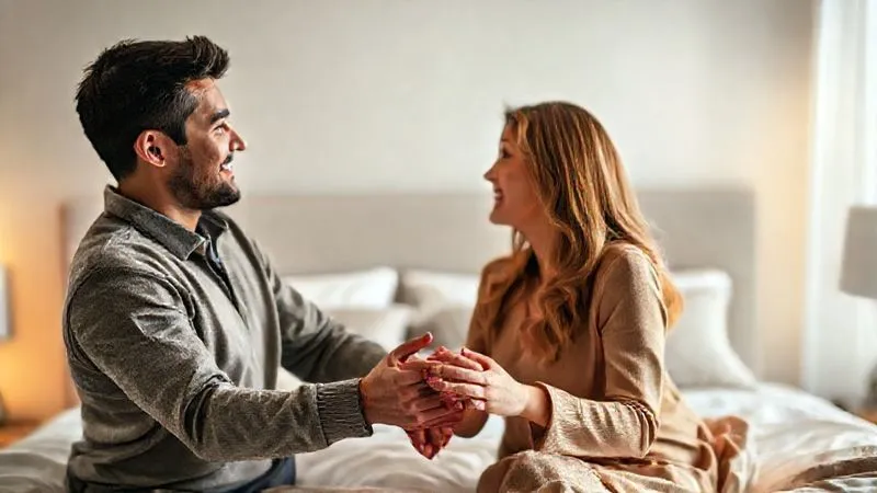 A photorealistic image of a professional couple in their bedroom, holding hands and looking into each other's eyes with warmth and understanding. The lighting is soft and intimate, creating a serene and supportive atmosphere. Sharp focus on their connected hands and empathetic expressions, depth of field, 8K hyper-detailed, shot on a high-end DSLR. A photorealistic image of a professional couple in their bedroom, holding hands and looking into each other's eyes with warmth and understanding. The lighting is soft and intimate, creating a serene and supportive atmosphere. Sharp focus on their connected hands and empathetic expressions, depth of field, 8K hyper-detailed, shot on a high-end DSLR.