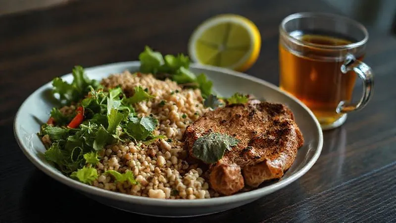 A photorealistic, 8K, professional photography, cinematic lighting, sharp focus, depth of field, shot on a high-end DSLR, of a balanced, sleep-friendly evening meal: a small portion of whole grains, lean protein, and leafy greens, with a glass of herbal tea, all artfully arranged on a dark wooden table. A photorealistic, 8K, professional photography, cinematic lighting, sharp focus, depth of field, shot on a high-end DSLR, of a balanced, sleep-friendly evening meal: a small portion of whole grains, lean protein, and leafy greens, with a glass of herbal tea, all artfully arranged on a dark wooden table.