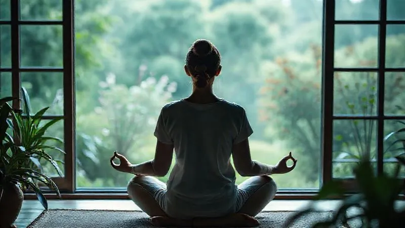 A photorealistic, 8K, professional photography, cinematic lighting, sharp focus, depth of field, shot on a high-end DSLR, of a person meditating in a calm, natural setting, perhaps a serene garden or by a window overlooking a peaceful landscape. Their posture is relaxed, and the light is soft and diffused, conveying tranquility and mental clarity. A photorealistic, 8K, professional photography, cinematic lighting, sharp focus, depth of field, shot on a high-end DSLR, of a person meditating in a calm, natural setting, perhaps a serene garden or by a window overlooking a peaceful landscape. Their posture is relaxed, and the light is soft and diffused, conveying tranquility and mental clarity.
