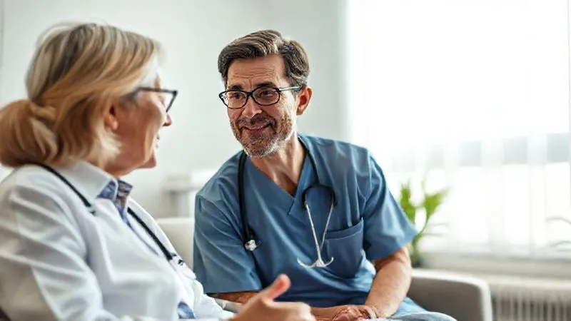 A photorealistic image of a healthcare professional actively listening to a patient, leaning forward with an empathetic expression, while the patient speaks openly. Soft, natural light fills a comfortable clinic setting. 8K, cinematic lighting, sharp focus, depth of field, shot on a high-end DSLR.