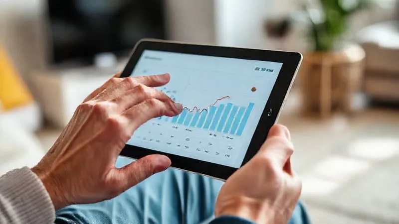 A photorealistic close-up of a patient's hand interacting with a diabetes management app on a tablet, displaying clear, easy-to-understand graphs of blood sugar levels. The background shows a modern, comfortable home environment. 8K, cinematic lighting, sharp focus on the tablet and hand, depth of field, shot on a high-end DSLR.