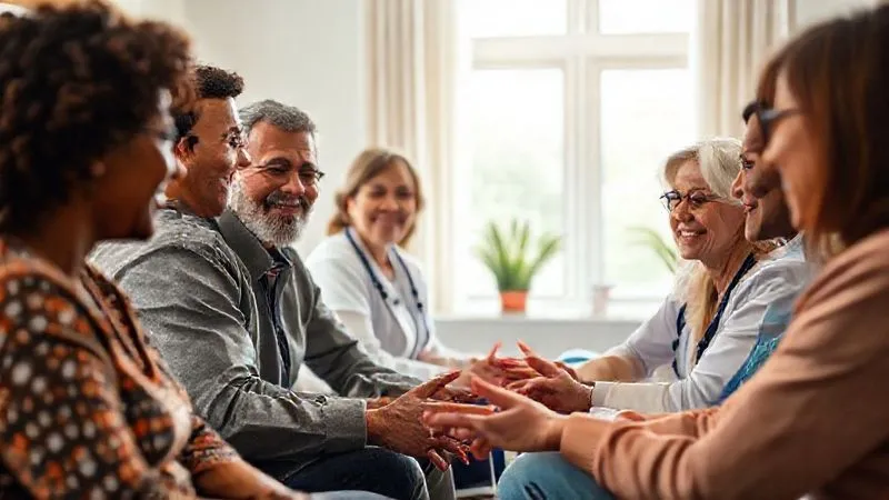 A photorealistic image of a diverse group of patients and healthcare providers participating in a supportive diabetes education session, with a positive and encouraging atmosphere. Natural light, warm tones. 8K, cinematic lighting, sharp focus on interactions, depth of field, shot on a high-end DSLR.