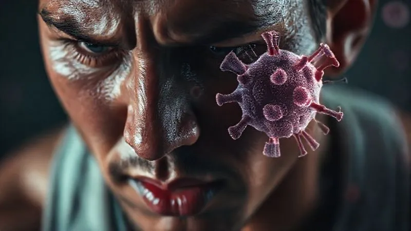 Photorealistic, professional photography, 8K, cinematic lighting, sharp focus, depth of field, shot on a high-end DSLR. A close-up of a determined but visibly fatigued athlete's face, sweat glistening, with a subtle, abstract overlay of microscopic immune cells appearing stressed and battling, depicting the invisible immune cost of intense physical exertion. Muted, cool tones.