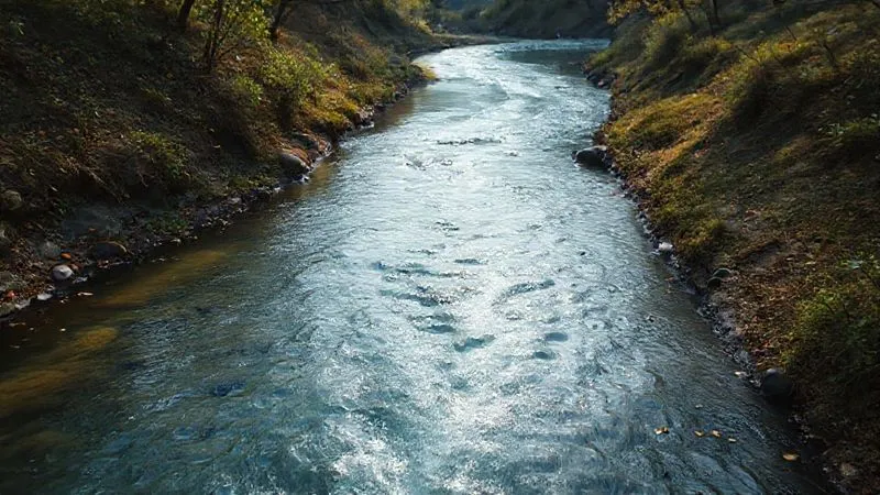 Photorealistic, professional photography, 8K, cinematic lighting, sharp focus, depth of field, shot on a high-end DSLR, a serene, clear river flowing smoothly through a winding valley, with gentle currents carrying away small leaves and debris. The scene represents healthy gut motility and the cleansing action of the Migrating Motor Complex (MMC), evoking a sense of calm and natural efficiency. Photorealistic, professional photography, 8K, cinematic lighting, sharp focus, depth of field, shot on a high-end DSLR, a serene, clear river flowing smoothly through a winding valley, with gentle currents carrying away small leaves and debris. The scene represents healthy gut motility and the cleansing action of the Migrating Motor Complex (MMC), evoking a sense of calm and natural efficiency.