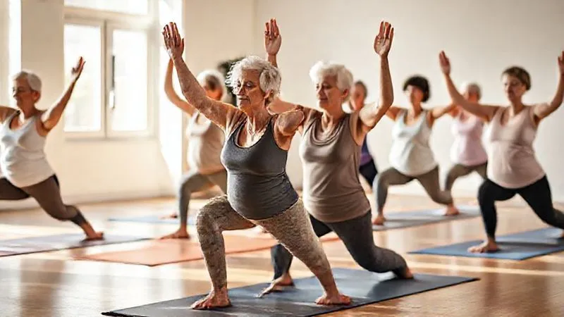 Photorealistic, professional photography, 8K, cinematic lighting, sharp focus, depth of field, shot on a high-end DSLR. A diverse group of seniors performing gentle core strengthening exercises like pelvic tilts and bird-dog on yoga mats in a bright, clean studio. They are focused and engaged, with soft, natural light illuminating their movements. The scene conveys calm empowerment and healthy aging.
