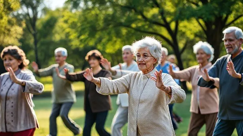 Photorealistic, professional photography, 8K, cinematic lighting, sharp focus, depth of field, shot on a high-end DSLR. A diverse group of active seniors participating in a gentle Tai Chi class outdoors in a serene park. They are performing slow, flowing movements with focused expressions, surrounded by lush greenery and soft sunlight. The image evokes tranquility, balance, and community.