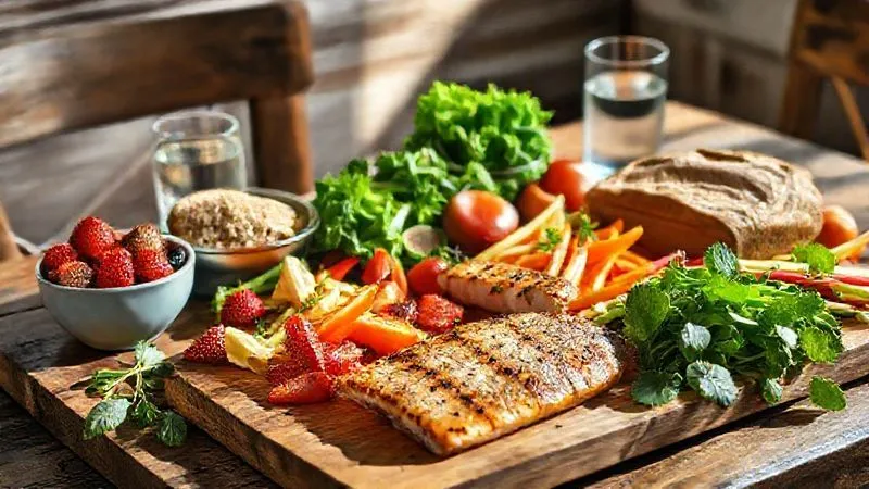 Photorealistic, professional photography, 8K, cinematic lighting, sharp focus, depth of field, shot on a high-end DSLR. A vibrant, colorful spread of healthy, fresh food on a rustic wooden table. Features include a bowl of mixed berries, a glass of water, whole-grain bread, lean grilled fish, and a variety of leafy green vegetables. Natural light streams in, highlighting the freshness of the ingredients. The image promotes healthy eating for vitality.