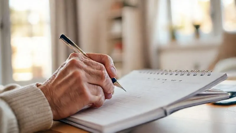 Photorealistic, professional photography, 8K, cinematic lighting, sharp focus, depth of field, shot on a high-end DSLR. A close-up of a senior hand using a pen to mark progress on a simple, neat logbook or calendar, with a blurred background showing a sunny window and a comfortable, organized living space. The image conveys dedication, tracking, and personal achievement in a calm setting.