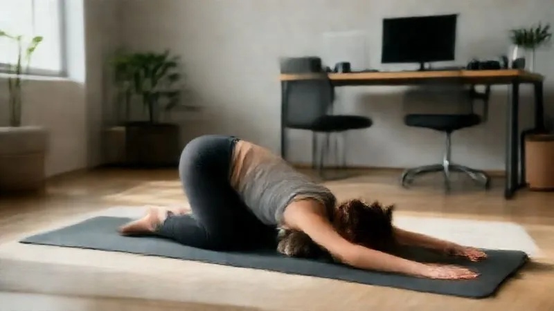 A photorealistic image of a professional in a modern, minimalistic home office doing a gentle cat-cow stretch on a yoga mat, with soft natural light streaming in. The scene should convey calm and mindful movement. Professional photography, 8K, cinematic lighting, sharp focus on the person and their movement, depth of field, shot on a high-end DSLR.