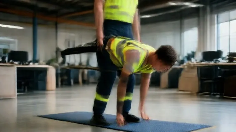 A photorealistic professional photography image showcasing a person demonstrating proper lifting technique (lifting with legs, straight back) in a modern office or warehouse setting. The scene should emphasize safety and ergonomic awareness, with cinematic lighting, sharp focus on the person's form, depth of field, 8K hyper-detailed, shot on a high-end DSLR.