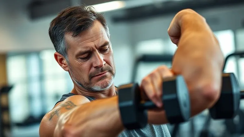 A man in his 40s, with a thoughtful and focused expression, performing a controlled, light dumbbell bicep curl. His eyes are closed slightly, indicating concentration on muscle activation and body sensation. The background is a clean, modern gym setting with soft, natural lighting. Photorealistic, professional photography, 8K, cinematic lighting, sharp focus on the man's arm and face, depth of field blurring the background, shot on a high-end DSLR. A man in his 40s, with a thoughtful and focused expression, performing a controlled, light dumbbell bicep curl. His eyes are closed slightly, indicating concentration on muscle activation and body sensation. The background is a clean, modern gym setting with soft, natural lighting. Photorealistic, professional photography, 8K, cinematic lighting, sharp focus on the man's arm and face, depth of field blurring the background, shot on a high-end DSLR.
