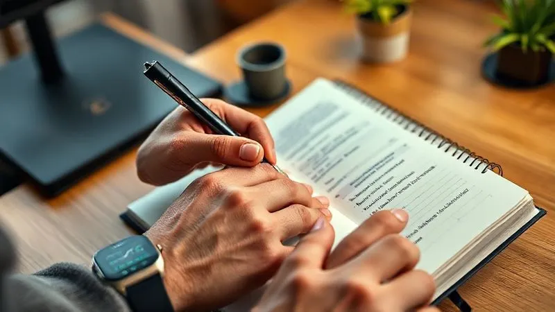 A close-up, photorealistic shot of a man's hand writing in a sleek, open journal with a pen, next to a smartwatch displaying health metrics. The journal has neat entries about workouts, sleep, and mood. Soft, warm lighting, professional photography, 8K, cinematic lighting, sharp focus on the hand and journal, depth of field blurring a background of a home office, shot on a high-end DSLR. A close-up, photorealistic shot of a man's hand writing in a sleek, open journal with a pen, next to a smartwatch displaying health metrics. The journal has neat entries about workouts, sleep, and mood. Soft, warm lighting, professional photography, 8K, cinematic lighting, sharp focus on the hand and journal, depth of field blurring a background of a home office, shot on a high-end DSLR.