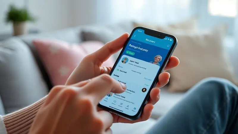 Photorealistic, professional photography, 8K, cinematic lighting, sharp focus, depth of field, shot on a high-end DSLR. A person holding a smartphone, with a recovery app displayed on the screen showing a progress tracker and a support group chat. The background is softly blurred, depicting a comfortable home environment. The scene conveys connection, support, and modern tools for self-management in recovery. Photorealistic, professional photography, 8K, cinematic lighting, sharp focus, depth of field, shot on a high-end DSLR. A person holding a smartphone, with a recovery app displayed on the screen showing a progress tracker and a support group chat. The background is softly blurred, depicting a comfortable home environment. The scene conveys connection, support, and modern tools for self-management in recovery.