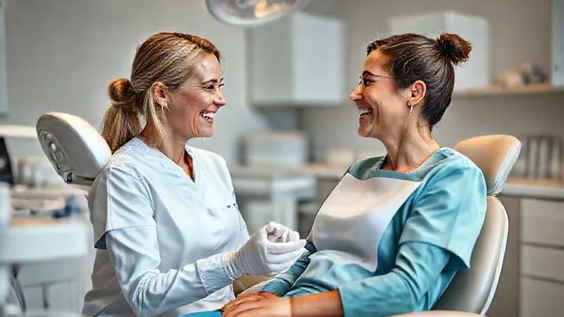 photorealistic, professional photography, 8K, cinematic lighting, sharp focus, depth of field, shot on a high-end DSLR. A friendly dental hygienist engaging in warm conversation with a patient in the dental chair, both smiling. The scene emphasizes trust and a positive human connection, with soft, inviting lighting in a modern dental office. photorealistic, professional photography, 8K, cinematic lighting, sharp focus, depth of field, shot on a high-end DSLR. A friendly dental hygienist engaging in warm conversation with a patient in the dental chair, both smiling. The scene emphasizes trust and a positive human connection, with soft, inviting lighting in a modern dental office.