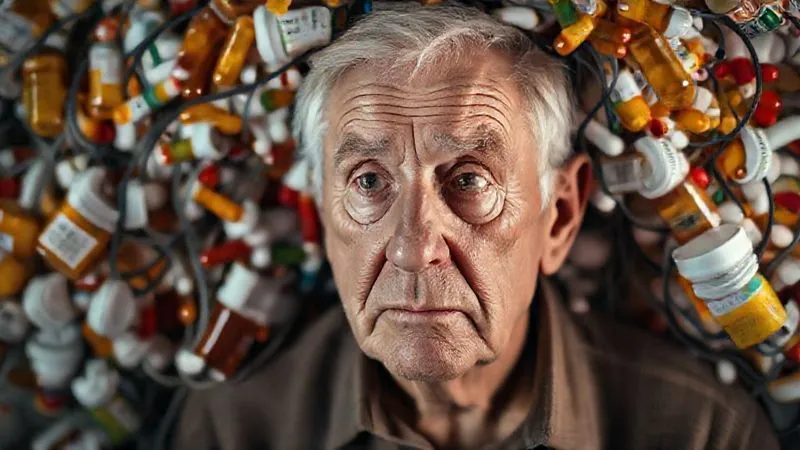 Photorealistic, professional photography, 8K, cinematic lighting, sharp focus, depth of field, shot on a high-end DSLR. An older person looking overwhelmed by a complex, tangled web of various pill bottles and medical charts, symbolizing polypharmacy. The lighting creates a sense of burden and confusion, with a soft, empathetic focus on the patient's face.