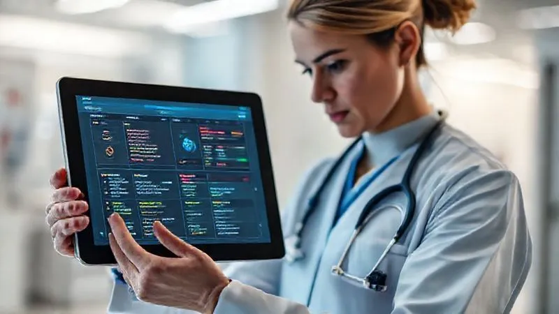 Photorealistic, professional photography, 8K, cinematic lighting, sharp focus, depth of field, shot on a high-end DSLR. A healthcare professional, focused, interacting with a sleek, futuristic tablet displaying a complex yet intuitive clinical decision support system. The screen shows color-coded alerts for drug interactions and patient risk profiles, with a blurred background of a modern clinic. The image conveys efficiency and advanced care.