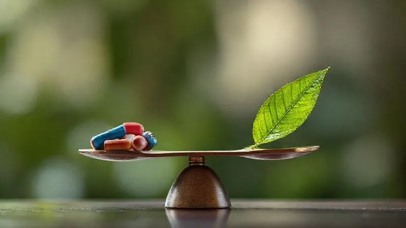 Photorealistic, professional photography, 8K, cinematic lighting, sharp focus, depth of field, shot on a high-end DSLR. A balanced scale with small, colorful pills on one side and a healthy, vibrant green leaf on the other, representing the delicate balance between medication and natural well-being. The background is softly blurred, focusing on the equilibrium, evoking thoughtful decision-making.