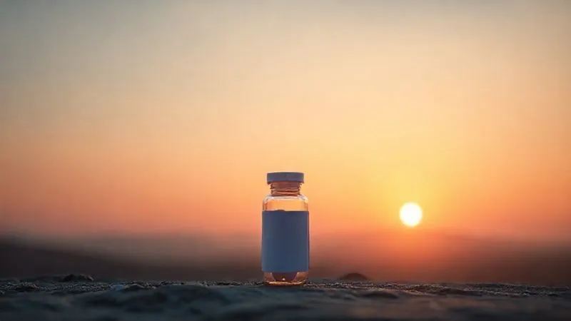 Photorealistic, professional photography, 8K, cinematic lighting, sharp focus, depth of field, shot on a high-end DSLR. A sunrise over a calm, clear landscape, symbolizing hope, clarity, and a new beginning. In the foreground, a single, simplified pill bottle stands upright, representing optimized medication and freedom from burden. The scene evokes peace and renewed health.