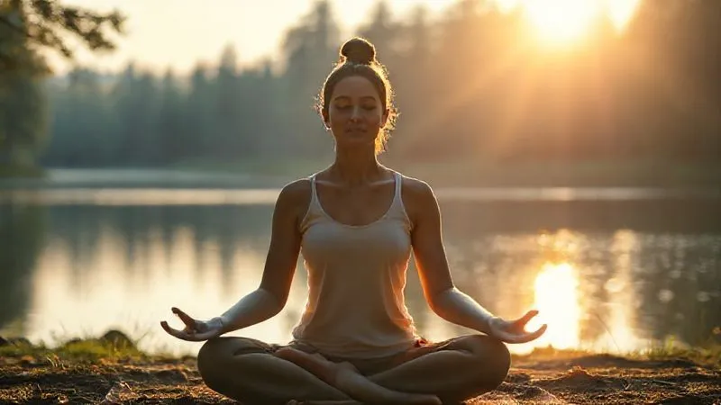 A photorealistic image showing a person meditating peacefully in a natural, serene setting like a forest or by a calm lake at sunrise. The person is in a lotus position, with soft, golden light illuminating their face, conveying tranquility and inner peace. 8K, cinematic lighting, sharp focus, depth of field, professional photography. A photorealistic image showing a person meditating peacefully in a natural, serene setting like a forest or by a calm lake at sunrise. The person is in a lotus position, with soft, golden light illuminating their face, conveying tranquility and inner peace. 8K, cinematic lighting, sharp focus, depth of field, professional photography.