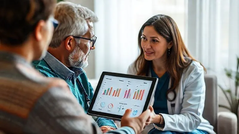 A photorealistic image of a healthcare professional counseling a patient about lifestyle changes, with charts showing blood sugar levels and weight goals on a tablet screen in the background. Professional photography, 8K, cinematic lighting, sharp focus on the interaction, depth of field blurring the background, shot on a high-end DSLR.