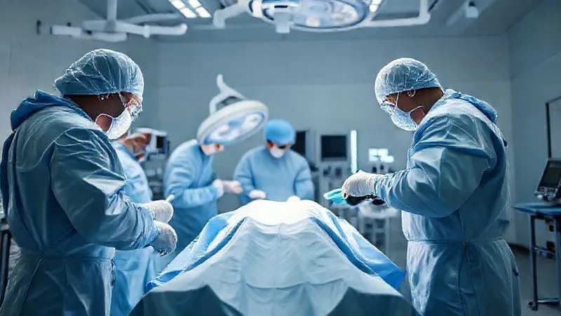 A photorealistic, high-angle shot of a meticulously sterile operating room during a total knee arthroplasty, with surgeons in full protective gear, focused on the draped surgical site. The environment is pristine and controlled, with bright, shadowless lighting. Professional photography, 8K, cinematic lighting, sharp focus on the surgical field, depth of field blurring the background, shot on a high-end DSLR.