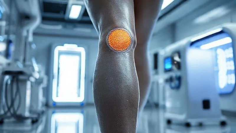 A photorealistic image depicting advanced medical technology: a knee implant with a subtle antimicrobial coating shimmer, alongside futuristic wound care devices and a robotic UV-C light disinfection unit in a sterile, high-tech medical setting. Professional photography, 8K, cinematic lighting, sharp focus on the implant and devices, depth of field blurring the background, shot on a high-end DSLR.