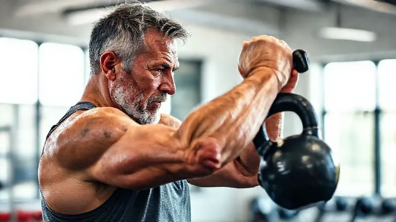photorealistic, professional photography, 8K, cinematic lighting, sharp focus, depth of field, shot on a high-end DSLR. A man in his late 40s, dressed in athletic wear, is performing a kettlebell swing with powerful, controlled movement. Sweat glistens on his skin, and his expression is one of intense focus. The background is a clean, modern gym with diffused natural light.