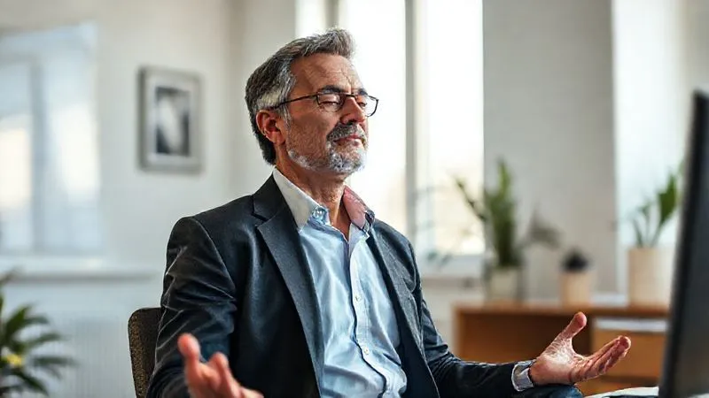 photorealistic, professional photography, 8K, cinematic lighting, sharp focus, depth of field, shot on a high-end DSLR. A serene man in his late 40s is meditating in a quiet, minimalist office space before starting his workday. Soft morning light streams through a window, highlighting his calm expression. He is dressed in smart casual attire, symbolizing balance between professional life and self-care.