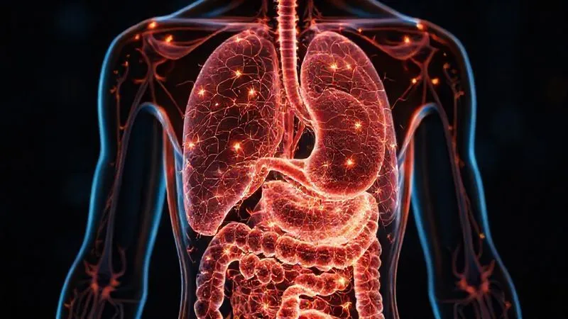Photorealistic, professional photography, 8K, cinematic lighting, sharp focus, depth of field, shot on a high-end DSLR. A stylized, translucent human torso with glowing, intricate neural pathways overlaid on the digestive system, illustrating complex gut mechanisms and the connection between the brain and bowel. The image conveys a sense of delicate internal machinery and interconnectedness. Emotionally resonant, showing the complexity and fragility of the system.