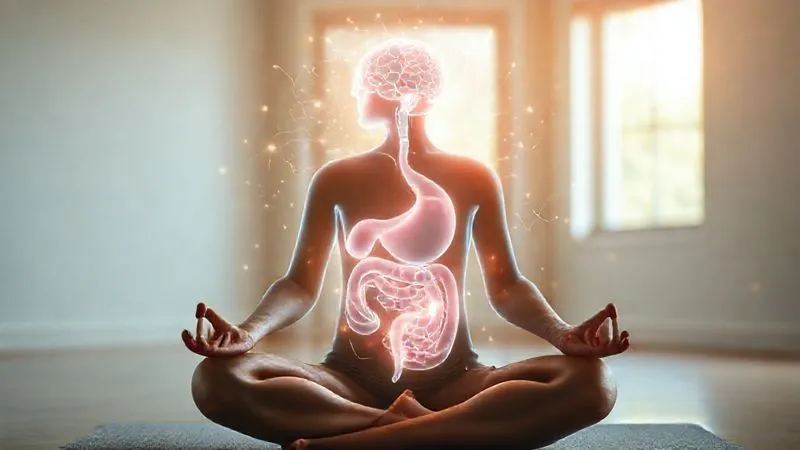 Photorealistic, professional photography, 8K, cinematic lighting, sharp focus, depth of field, shot on a high-end DSLR. A serene individual meditating in a calm, naturally lit space, with a subtle, glowing abstract representation of the digestive system superimposed over their abdomen, connected by delicate light tendrils to their brain. The image conveys peace, connection, and the intricate relationship between mind and gut. Emotionally resonant, symbolizing inner harmony and healing.