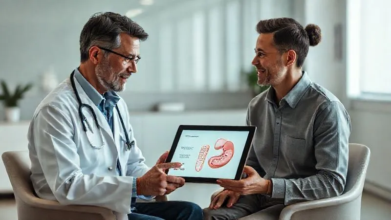 Photorealistic, professional photography, 8K, cinematic lighting, sharp focus, depth of field, shot on a high-end DSLR. A compassionate doctor and a patient are seated across from each other in a modern, well-lit clinic. The doctor is attentively listening and gesturing towards a tablet displaying a simplified diagram of the digestive system, while the patient looks engaged and hopeful. The scene conveys trust, expertise, and a collaborative discussion about health solutions. Emotionally resonant, showing care and understanding.