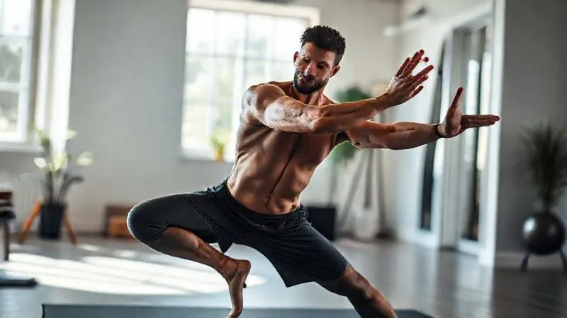 A photorealistic shot of a man in athletic wear performing a light stretch or yoga pose in a bright, minimalist home gym, with natural light streaming in. His posture is strong and relaxed, conveying both physical and mental well-being. Professional photography, 8K, cinematic lighting, sharp focus on the man, depth of field, shot on a high-end DSLR. A photorealistic shot of a man in athletic wear performing a light stretch or yoga pose in a bright, minimalist home gym, with natural light streaming in. His posture is strong and relaxed, conveying both physical and mental well-being. Professional photography, 8K, cinematic lighting, sharp focus on the man, depth of field, shot on a high-end DSLR.