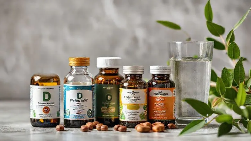 A photorealistic still life of a thoughtful arrangement of natural supplements (e.g., small bottles of Vitamin D, Omega-3, Magnesium) alongside a glass of water and a leafy green plant, conveying a sense of health, nature, and informed choice. Professional photography, 8K, cinematic lighting, sharp focus on the supplements, depth of field, shot on a high-end DSLR. A photorealistic still life of a thoughtful arrangement of natural supplements (e.g., small bottles of Vitamin D, Omega-3, Magnesium) alongside a glass of water and a leafy green plant, conveying a sense of health, nature, and informed choice. Professional photography, 8K, cinematic lighting, sharp focus on the supplements, depth of field, shot on a high-end DSLR.
