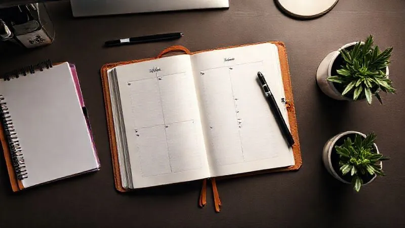 A photorealistic top-down view of a neatly organized desk with a journal open to a 'weekly planner' or 'habit tracker' page, a pen, a healthy snack, and a small plant. The scene conveys organization, intention, and a focus on daily well-being and productivity. Professional photography, 8K, cinematic lighting, sharp focus on the journal, depth of field, shot on a high-end DSLR. A photorealistic top-down view of a neatly organized desk with a journal open to a 'weekly planner' or 'habit tracker' page, a pen, a healthy snack, and a small plant. The scene conveys organization, intention, and a focus on daily well-being and productivity. Professional photography, 8K, cinematic lighting, sharp focus on the journal, depth of field, shot on a high-end DSLR.
