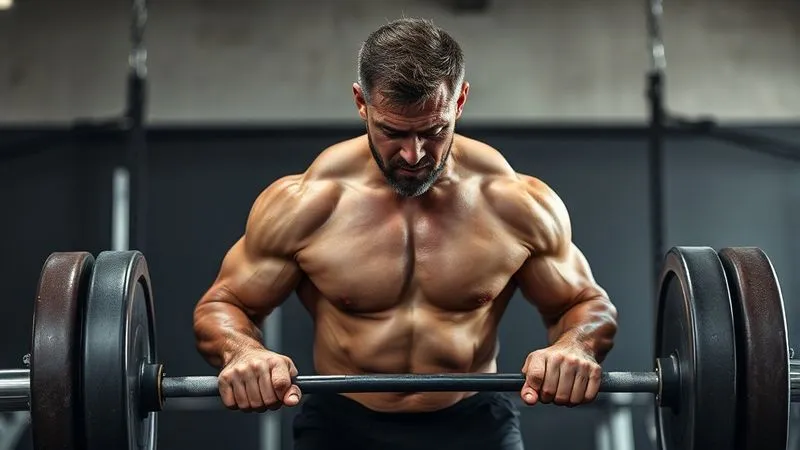 A photorealistic image of a fit male executive (50s) performing a deadlift in a high-end, minimalist gym. Focus on the intense but controlled effort, sweat on his brow, powerful musculature. Cinematic lighting, 8K, sharp focus on his form, depth of field blurring the background.