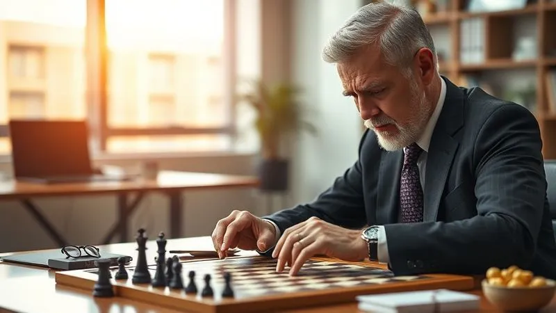 A photorealistic image of a male executive (50s) in a modern, minimalist office setting, deeply focused on a complex puzzle or a strategic board game (like Go or chess), with gentle, warm cinematic lighting highlighting his concentration. 8K, sharp focus on his hands and the game, depth of field blurring the background.