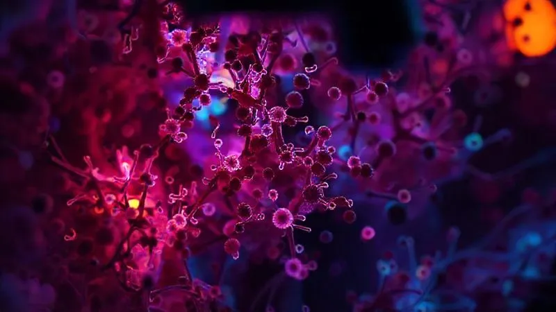 A photorealistic, professional photography image showcasing a complex and diverse gut microbiome under a powerful microscope, with beneficial bacteria glowing in vibrant colors and a few dark, shadowy, subtly menacing pathogenic microbes lurking in the background, 8K, cinematic lighting, sharp focus on the beneficial microbes, depth of field, shot on a high-end DSLR.