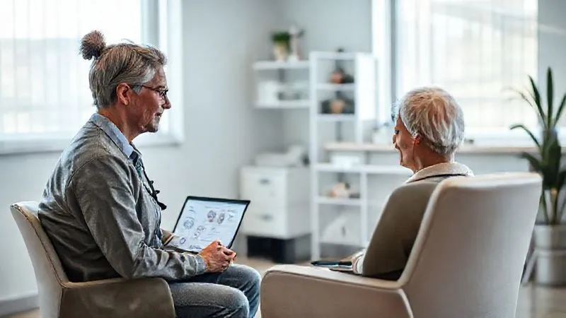 A photorealistic, professional photography image of a functional medicine practitioner, empathetic and knowledgeable, sitting across from a patient in a bright, modern clinic setting, with a laptop displaying a complex gut microbiome report. The patient is engaged, feeling heard and hopeful. 8K, cinematic lighting, sharp focus on the interaction, depth of field, shot on a high-end DSLR.