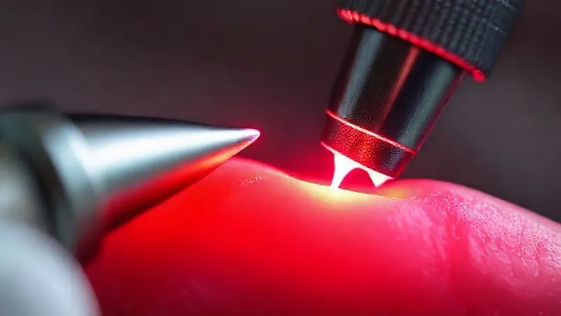 A close-up, photorealistic image of a dental laser handpiece gently working on the gum line, with a subtle glow emanating from the tip, symbolizing laser-assisted periodontal therapy. The focus is on the precision and advanced technology. Cinematic lighting, sharp focus on the laser tip and gum, depth of field blurring the background, 8K hyper-detailed, shot on a high-end DSLR, professional photography. A close-up, photorealistic image of a dental laser handpiece gently working on the gum line, with a subtle glow emanating from the tip, symbolizing laser-assisted periodontal therapy. The focus is on the precision and advanced technology. Cinematic lighting, sharp focus on the laser tip and gum, depth of field blurring the background, 8K hyper-detailed, shot on a high-end DSLR, professional photography.