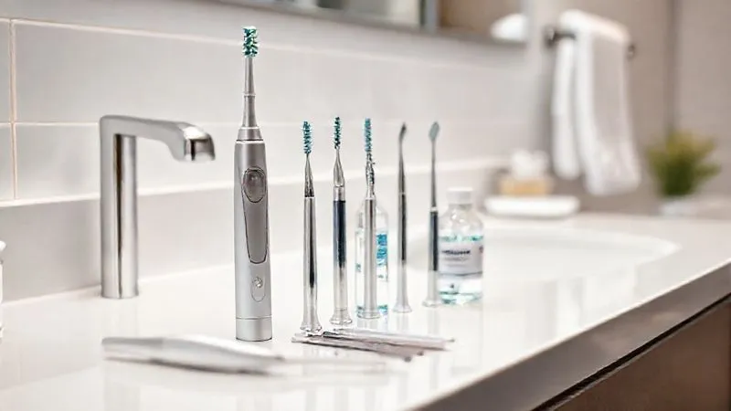 A photorealistic, professional photography shot of various advanced oral hygiene tools neatly arranged on a clean, white counter, including an electric toothbrush, a water flosser, interdental brushes of different sizes, and a small bottle of prescription mouthwash. Cinematic lighting, sharp focus on the tools, depth of field blurring a bathroom background, 8K hyper-detailed, shot on a high-end DSLR. A photorealistic, professional photography shot of various advanced oral hygiene tools neatly arranged on a clean, white counter, including an electric toothbrush, a water flosser, interdental brushes of different sizes, and a small bottle of prescription mouthwash. Cinematic lighting, sharp focus on the tools, depth of field blurring a bathroom background, 8K hyper-detailed, shot on a high-end DSLR.