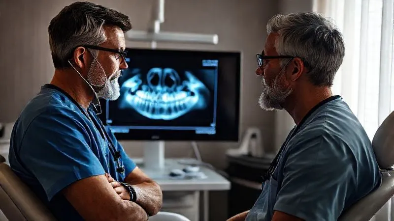 A photorealistic, professional photography shot of a dental professional (periodontist) in scrubs and a loupe, consulting with a patient about an X-ray displayed on a monitor, indicating a serious discussion about advanced gum disease treatment. The atmosphere is professional and empathetic. Cinematic lighting, sharp focus on the faces and screen, depth of field, 8K hyper-detailed, shot on a high-end DSLR. A photorealistic, professional photography shot of a dental professional (periodontist) in scrubs and a loupe, consulting with a patient about an X-ray displayed on a monitor, indicating a serious discussion about advanced gum disease treatment. The atmosphere is professional and empathetic. Cinematic lighting, sharp focus on the faces and screen, depth of field, 8K hyper-detailed, shot on a high-end DSLR.